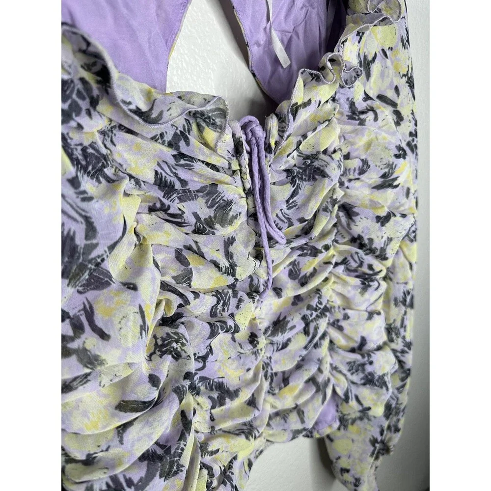 Free People Floral Ruched Blouse Womens Medium Long Sleeve Lace Up Smocked Back - Picture 2 of 6